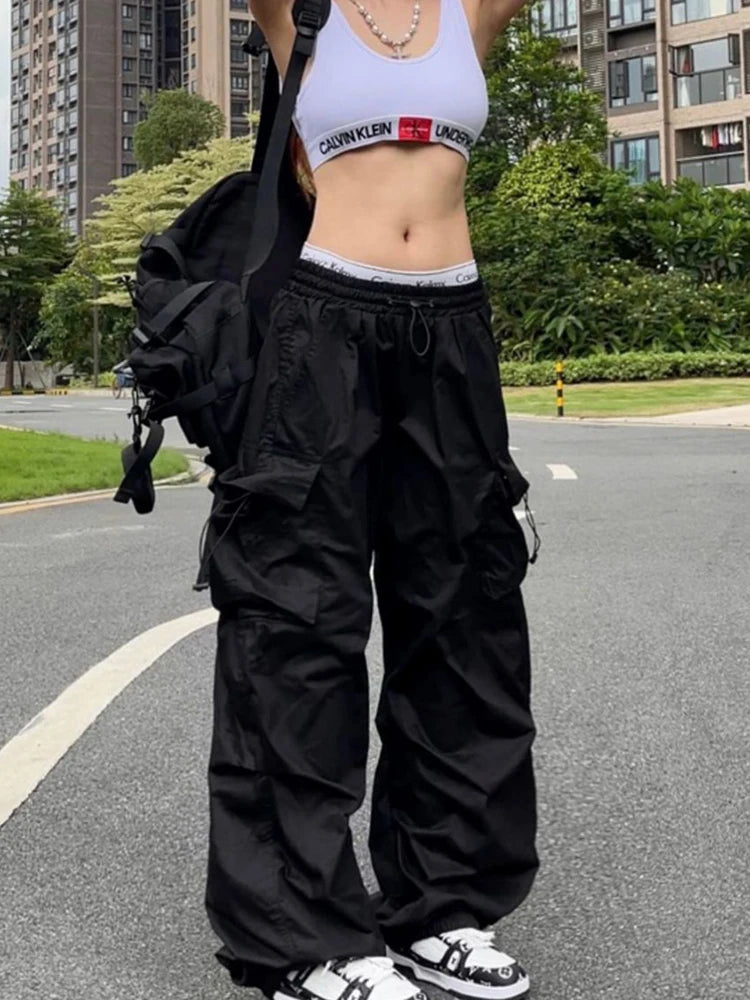 Y2K Parachute Black Pants Women Oversized Baggy Cargo Sweats