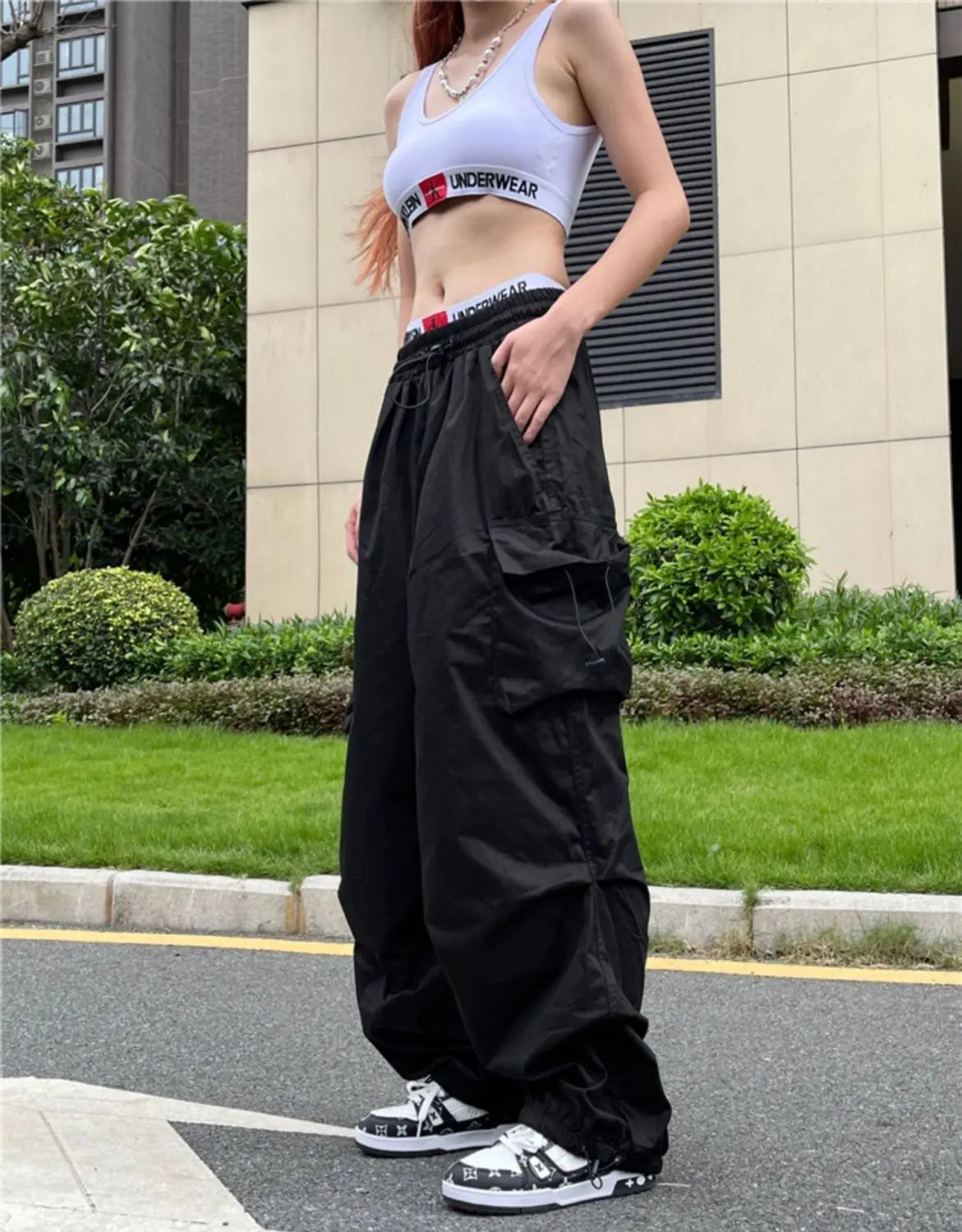 Y2K Parachute Black Pants Women Oversized Baggy Cargo Sweats