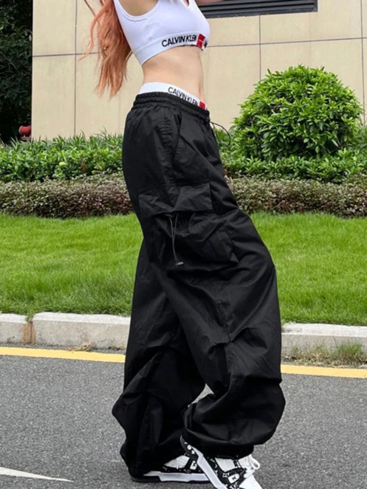Y2K Parachute Black Pants Women Oversized Baggy Cargo Sweats
